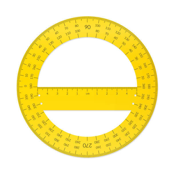 미터법 단위의 눈금자를 가진 플라스틱 원형 각도기 - tape measure yellow long instrument of measurement stock illustrations
