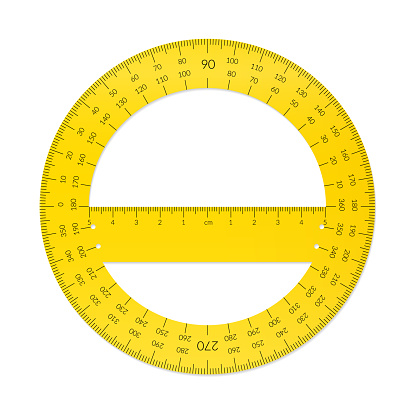 Plastic circular protractor with a ruler in metric units.