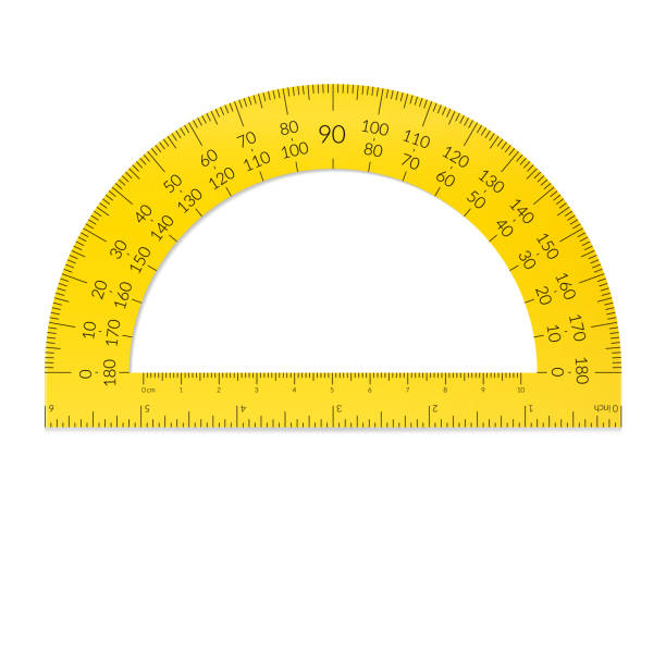 illustrazioni stock, clip art, cartoni animati e icone di tendenza di protrattore circolare in plastica con righello in unità metriche e imperiali - tape measure yellow long instrument of measurement