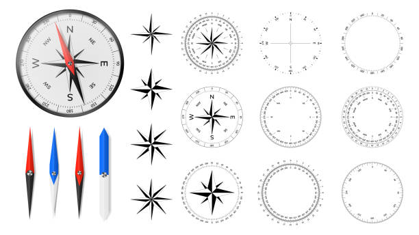 navigationskompass mit zusätzlichen zifferblattflächen, windrosen und richtungsnadeln. - orienteering stock-grafiken, -clipart, -cartoons und -symbole