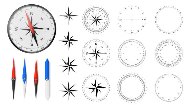 навигационный компас с набором дополнительных циферблатов, ветровых роз и направленных игл. - compass compass rose direction north stock illustrations