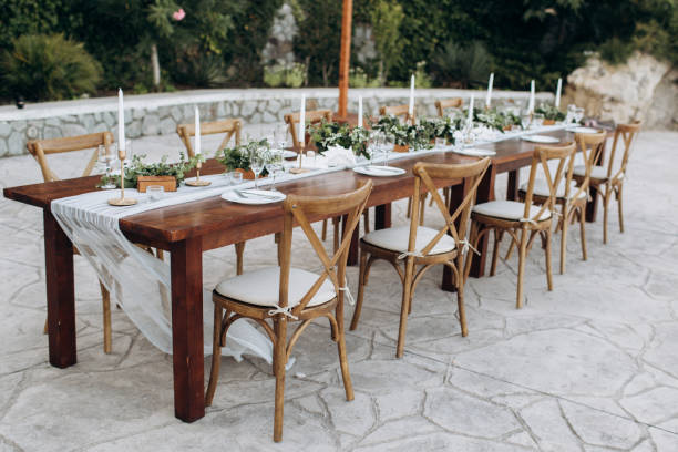 istock Eco-friendly, wedding decor. Wooden table newlyweds for a party. 1165685892