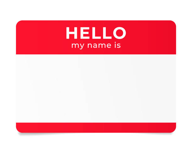 Red name tag. Hello my name is - label. Red name tag. Hello my name is - label identity stock illustrations