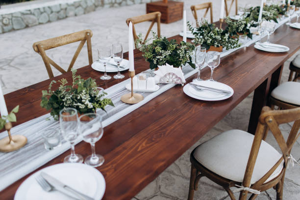 istock Eco-friendly, wedding decor. Wooden table newlyweds for a party. 1165685993