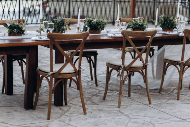 istock Eco-friendly, wedding decor. Wooden table newlyweds for a party. 1165686079