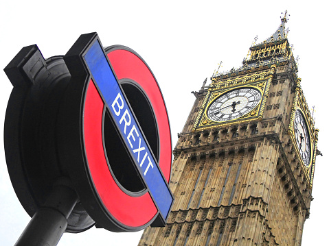 London, England, October 31 2019, Big Ben with photoshopped underground sign announcing the exit of England from the EU European Union