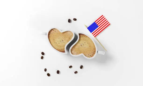 Photo of two cups of coffee in the shape of a heart, 3d render