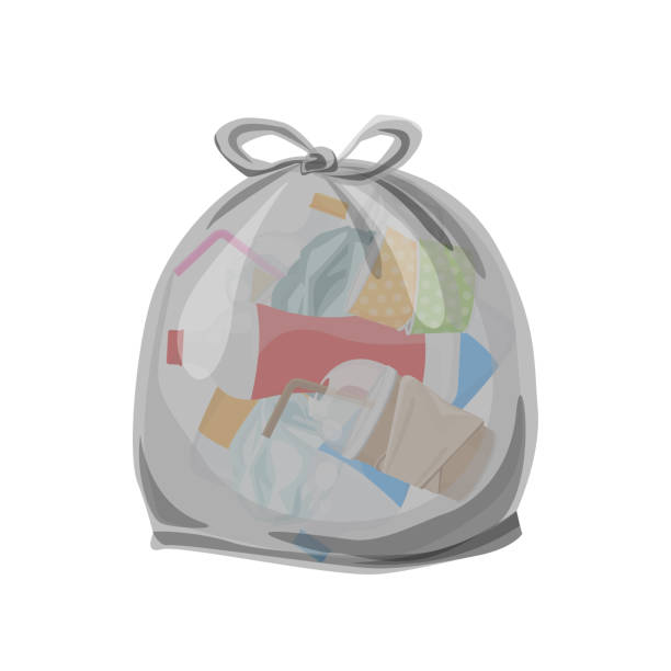 odpady z tworzyw sztucznych pakowane w przezroczyste plastikowe torby do segregacji odpadów izolowane białe kwadratowe tło, ilustracja plastikowe worki na śmieci, wygłotowa torba z tworzyw sztucznych przezroczyste płaskie do grafiki - garbage bag garbage bag food stock illustrations