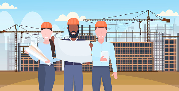 architects working with blueprints mix race engineers team discussing new building project during meeting builders in helmet teamwork concept construction site background portrait horizontal vector illustration