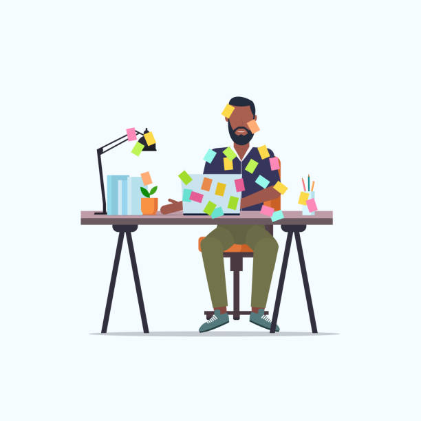 businessman covered with stick notes business planning deadline concept african american office worker using laptop sitting at workplace flat full length businessman covered with stick notes business planning deadline concept african american office worker using laptop sitting at workplace flat full length vector illustration working hard stock illustrations