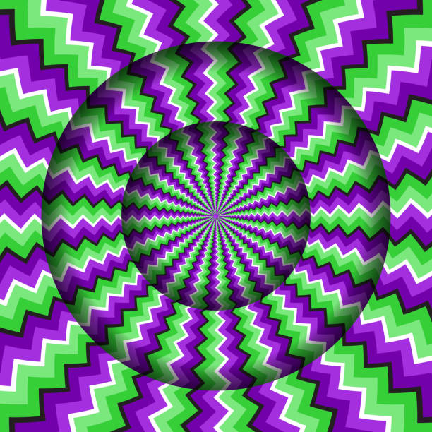 Abstract round frame with a rotating green purple zigzag pattern. Optical illusion hypnotic background. Abstract round frame with a rotating green purple zigzag pattern. Optical illusion hypnotic background. moving optical illusions stock illustrations