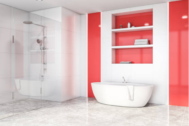istock White and red bathroom corner, tub and shower 1165697661