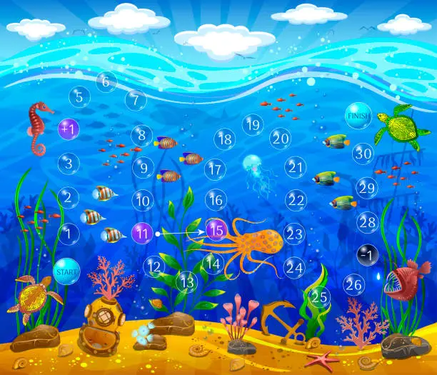 Vector illustration of Underwater world. Sea bottom, plants, inhabitants of the sea, anchor, underwater helmet. Waves and sky with clouds.