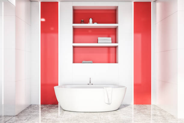 istock White and red bathroom interior, tub and shelves 1165698002