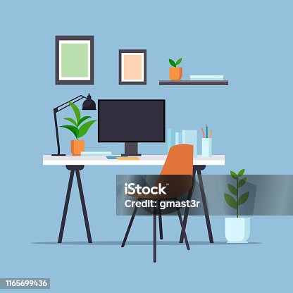 istock creative workplace with computer monitor empty no people cabinet modern office furniture flat 1165699436