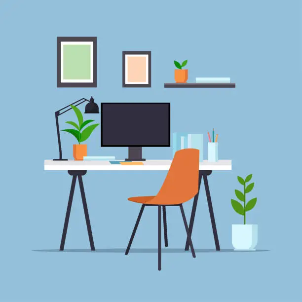 Vector illustration of creative workplace with computer monitor empty no people cabinet modern office furniture flat