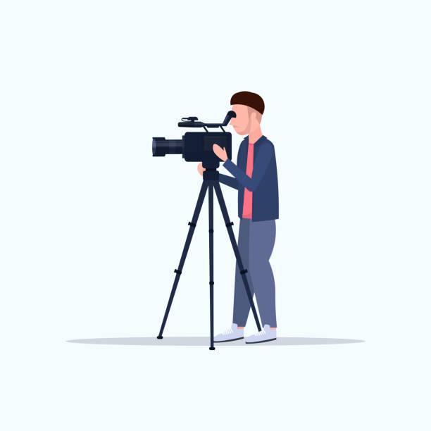 캠코더 영화를 통해 찾고 삼각대 카메라맨에 비디오 카메라를 사용하여 운영자는 개념 평면 전체 길이 흰색 배경을 만들기 - lifestyle backgrounds video stock illustrations