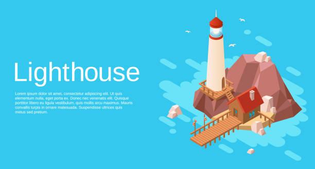 Vector isometric lighthouse with pier cliff island Vector isometric lighthouse on rock stone cliff island with wooden house and pier on blue sea, ocean water background. Illustration with marine navigation game landscape constructor object lighthouse vacation stock illustrations