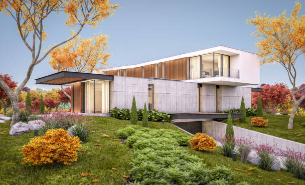 istock 3d rendering of modern house on the hill with pool in autumn evening 1165700618