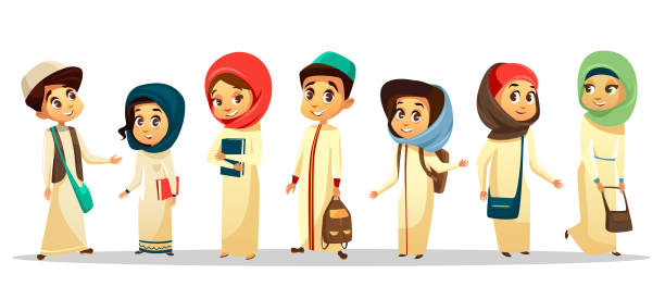 wektor kreskówka arabskich studentów muzułmańskich w hidżab zestaw - global traditional culture global communications child stock illustrations