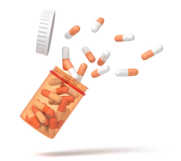 흰색 배경에 고립 된 플라스틱 항아리에서 떨어지는 의료 약의 3d 렌더링 - capsule close up medicine dose 뉴스 사진 이미지