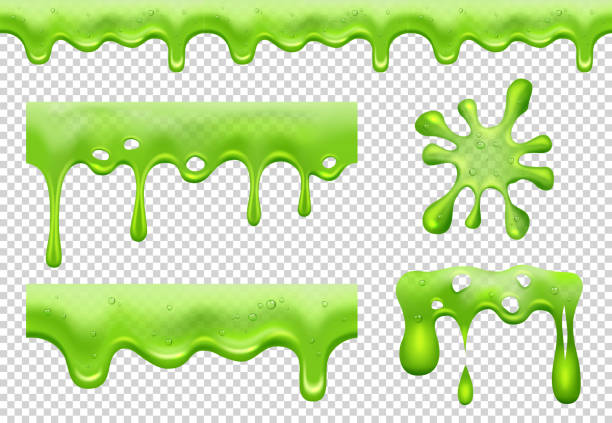 ilustrações, clipart, desenhos animados e ícones de lodo. verde tóxico fluindo blotting e splatter pingando líquidos transparentes viscoso vector coleção realista espirra - espirro de tinta