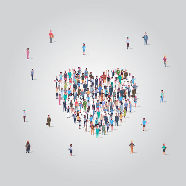 ilustrações de stock, clip art, desenhos animados e ícones de people crowd gathering in heart icon shape social media community add to favorite love concept different occupation employees group standing together full length - square shape plus sign mathematical symbol social networking