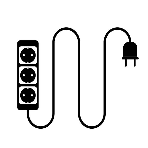 electric extension cord or extension cable icon with power strip simple flat black and white electric extension cord or extension cable icon with power strip vector illustration gang socket stock illustrations