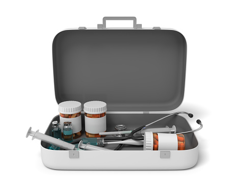 3d rendering of opened first aid medical box with pills jars and medical devices isolated on white background. Healthcare industry. Medical supplies. Medicine and drugs.