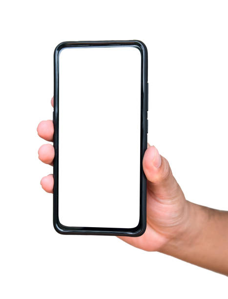 istock hand holding black modern phone on white background 1165704248
