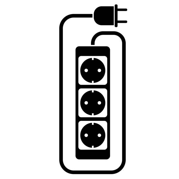 electric extension cord or extension cable icon with power strip simple flat black and white electric extension cord or extension cable icon with power strip vector illustration gang socket stock illustrations