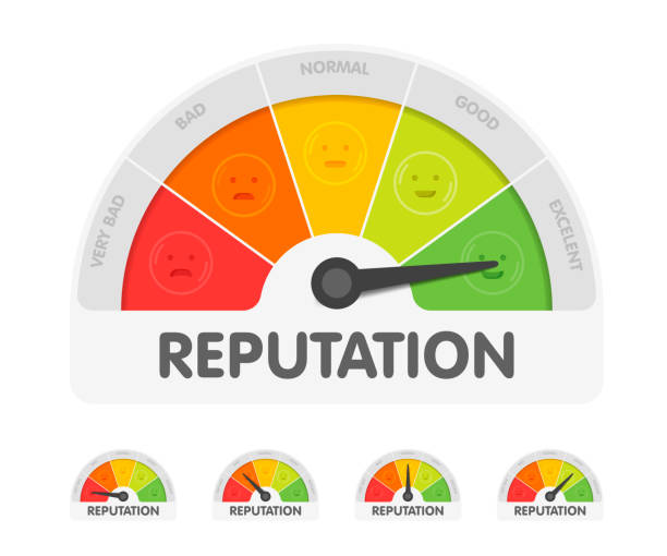 Reputation meter withdifferent emotions. Measuring gauge indicator vector illustration. Black arrow in coloured chart background Reputation meter withdifferent emotions. Measuring gauge indicator vector illustration. Black arrow in coloured chart background. high fidelity stock illustrations