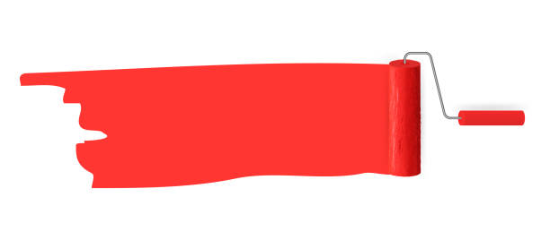 czerwony ślad pędzla rolkowego na białym tle dla nagłówków, banerów i reklam - paint brushing house painter wall stock illustrations