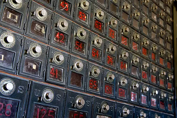 A wall of old mail boxes Circa 1920.