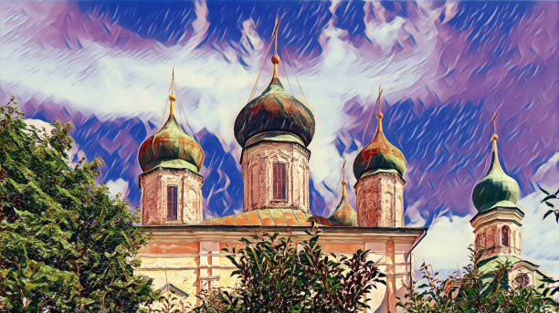 pittura digitale di vecchie torri dell'antica chiesa ortodossa di pereslavl ' - zalesskiy in estate - plescheevo foto e immagini stock