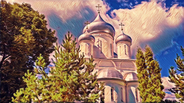 pittura digitale di vecchie torri dell'antica chiesa ortodossa di pereslavl ' - zalesskiy in estate - plescheevo foto e immagini stock