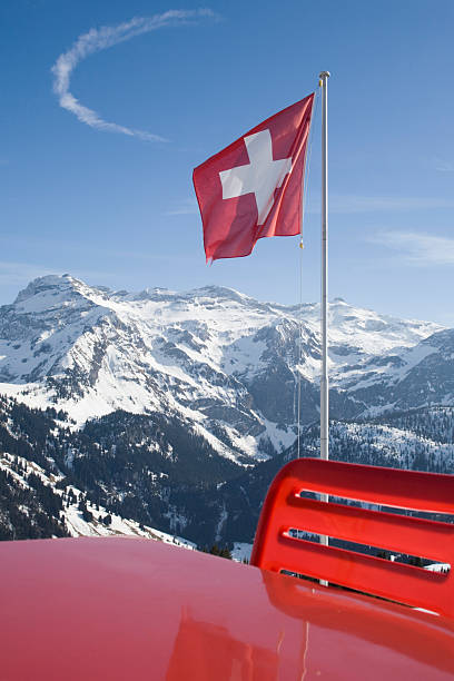 waving Swiss flag in the mountains