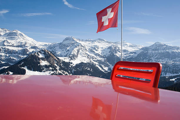istock waving Swiss flag in the mountains 116570775