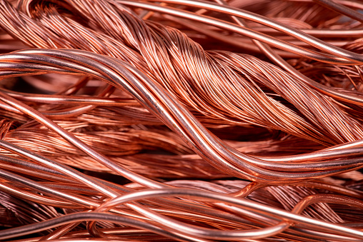 Copper wire raw materials and metals industry and stock market concept