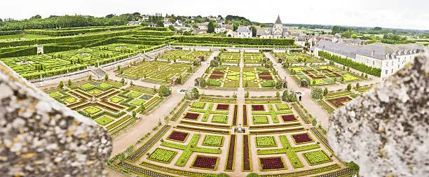 Garden in Chateau Villandry,  Loire Valley, France. View from the top of a tower.