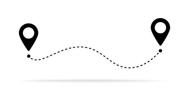 значок местоположения маршрута, два знака контактного знака и пунктирная линия дороги, символ начала и конца путешествия, иллюстрация вект - distance marker stock illustrations