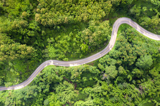 istock Aerial view over mountain road going through tropical rainforest landscape in Thailand. 1165710569