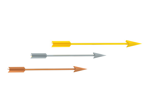 3D Rendering of three different colored arrow, gold silver and bronze. 3D Rendering isolated on white.