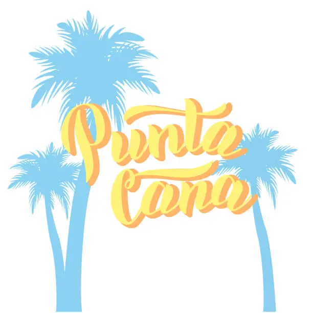 Vector illustration of Punta Cana lettering shirt print with palms. Trendy handwritten text for postcard, souvenir design. Vector eps 10.