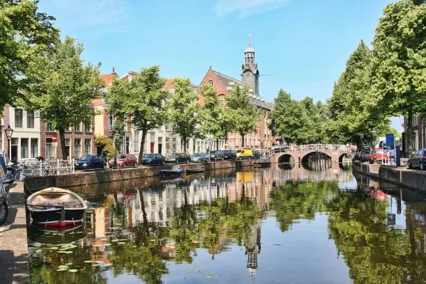 Canal and church in Leiden, Holland