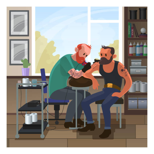 Tattoo Salon With Two Men Vector Illustration Cartoon Flat Clipart Of  Professional Tattoo Artist Working Stock Illustration - Download Image Now  - iStock
