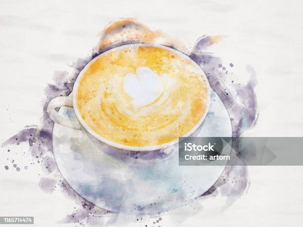 Kopi Latte Panas Dalam Lukisan Warna Air Digital Ilustrasi Stok - Unduh