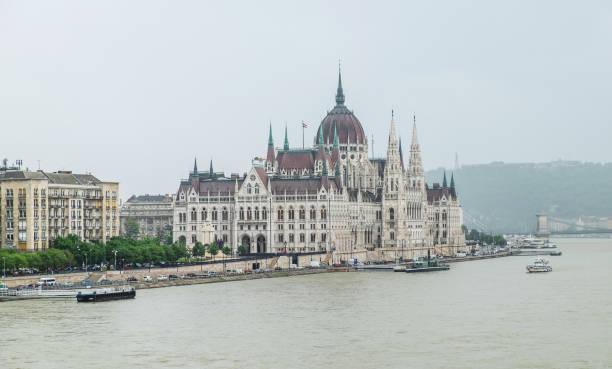 Hungarian parliament, view from Margaret Bridge stock photo