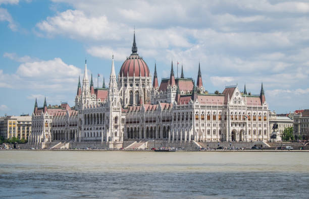 Hungarian parliament, view from river Danube stock photo