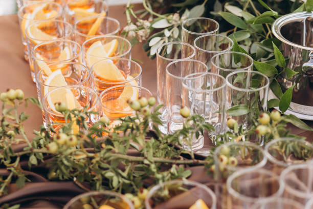 Wedding party with alcohol, whiskey, lime at the wedding.